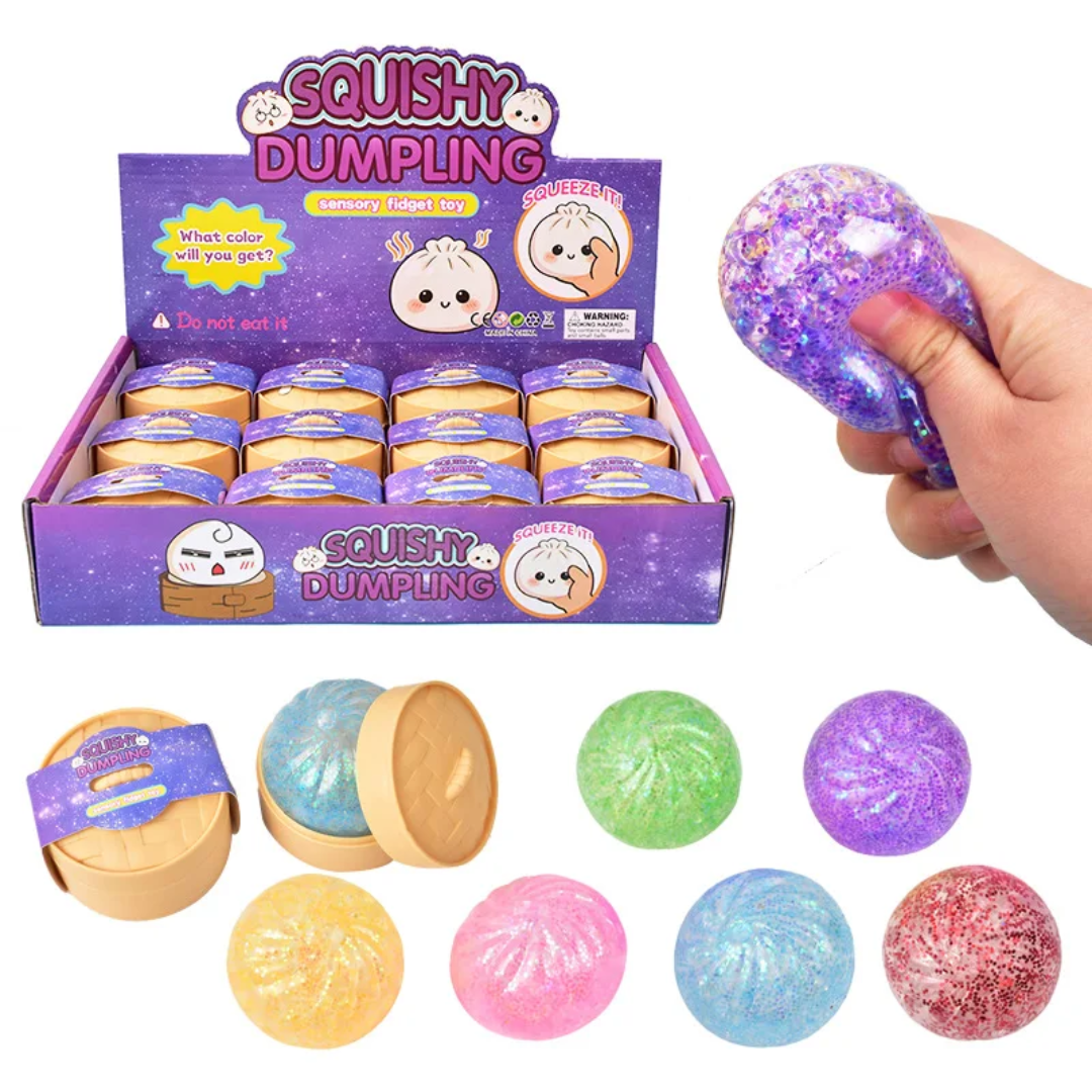 Case Glitter Squishy Dumpling Mystery Sensory Fidget Toy. 12 Pieces